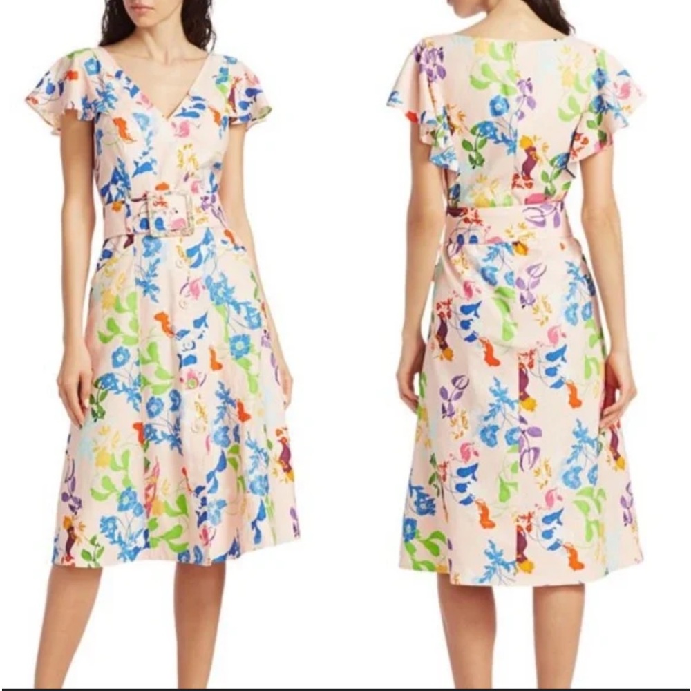 TANYA TAYLOR lined cotton floral print blush pink belted vneck midi dress siz 4